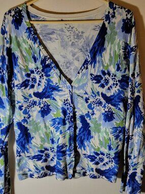 Blue & Green Floral Button-Up Cardigan – Artistic Knit – Size Unknown